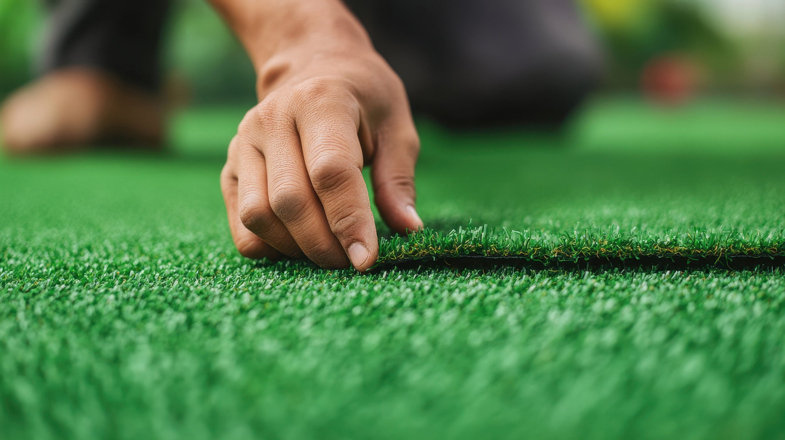 Close-up of a person's hand installing synthetic green turf or artificial grass.