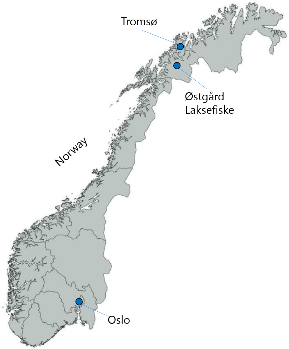 A map of Norway and where Østgård Laksefiske is located