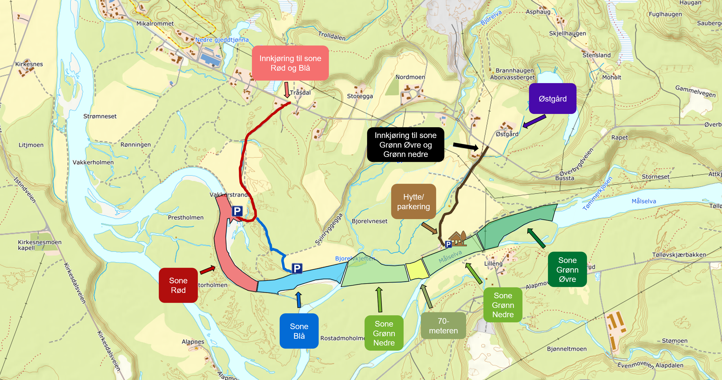 A map of the Østgård Laksefiske fishing zones, and how to get to them