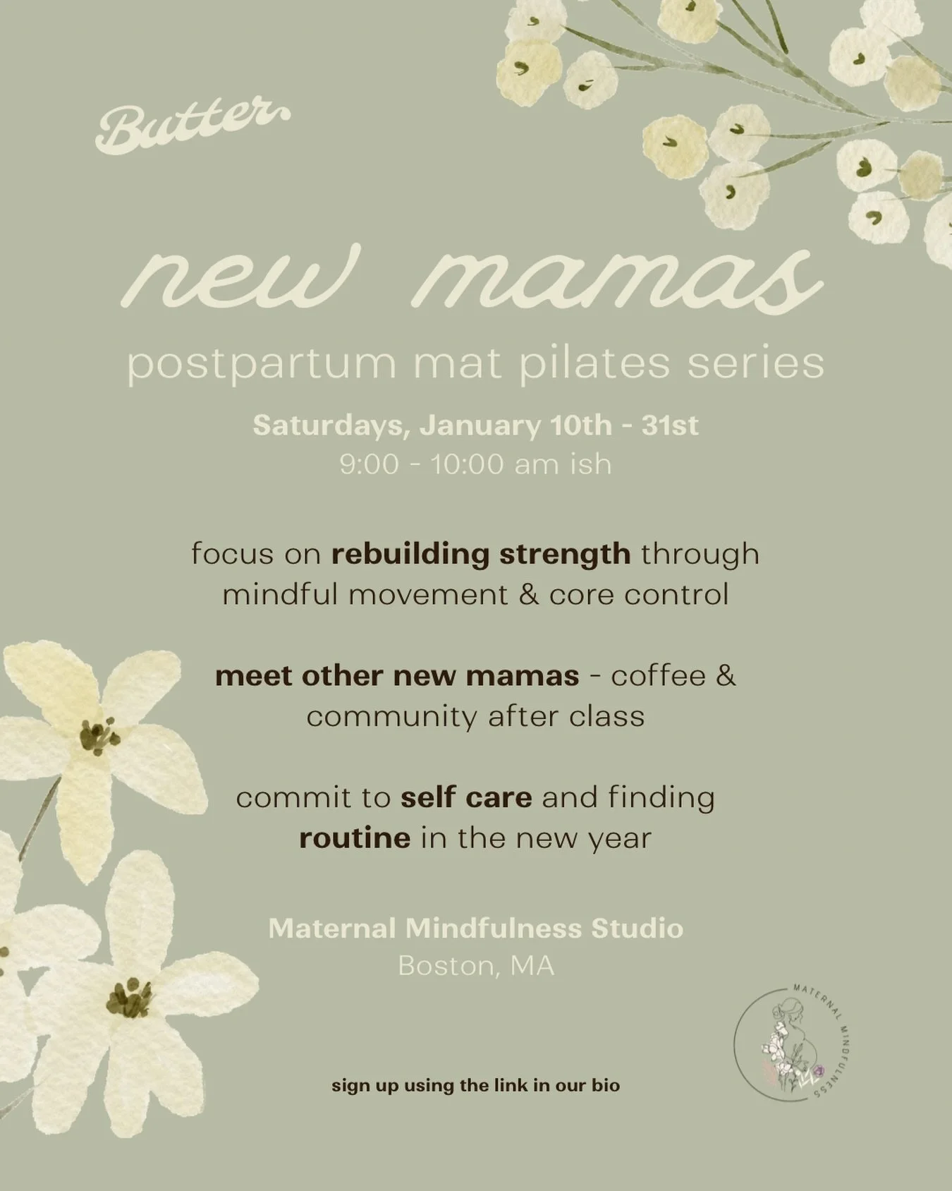 calling all new moms this new year 🤍 our postpartum pilates series at Maternal Mindfulness in Boston, MA begins January 10th, 2026. we&rsquo;ve designed four gentle, intentional classes to help you reconnect with your core, your strength, and your r