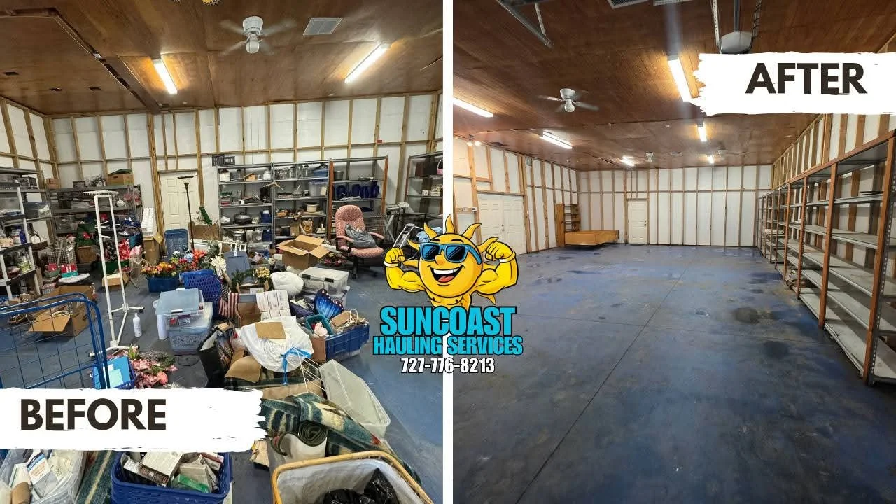 Full garage cleanout completed for a 1,500 square foot space in Tarpon Springs, FL. Our team cleared out a heavily packed area, removing unwanted items and debris to restore a clean, usable space.
