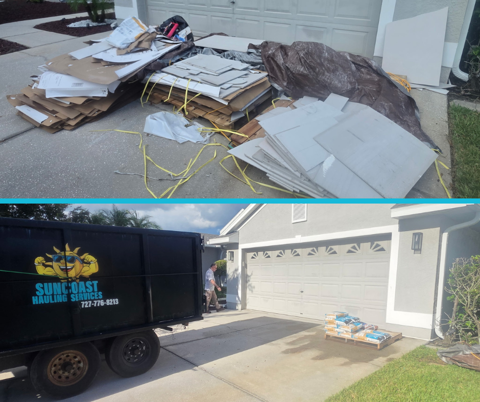 Construction Debris Removal in Tampa, FL — Before-and-after photos from a construction debris removal project completed by Suncoast Hauling Services. We removed drywall, cardboard, packaging materials, and other renovation debris, clearing the drivew