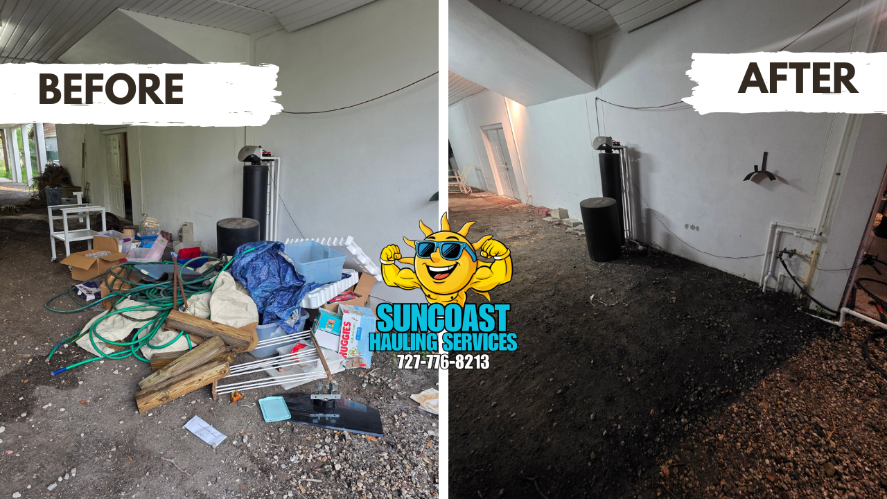 Carport junk removal in Tarpon Springs, FL. We cleared out clutter and debris, restoring a clean and functional space for the homeowner.