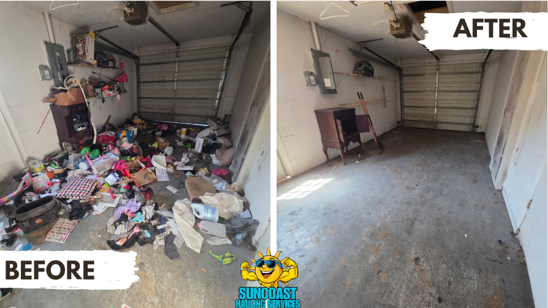 Before and after images of a cluttered, messy garage, with the garage completely clean and tidy in Palm Harbor, Florida