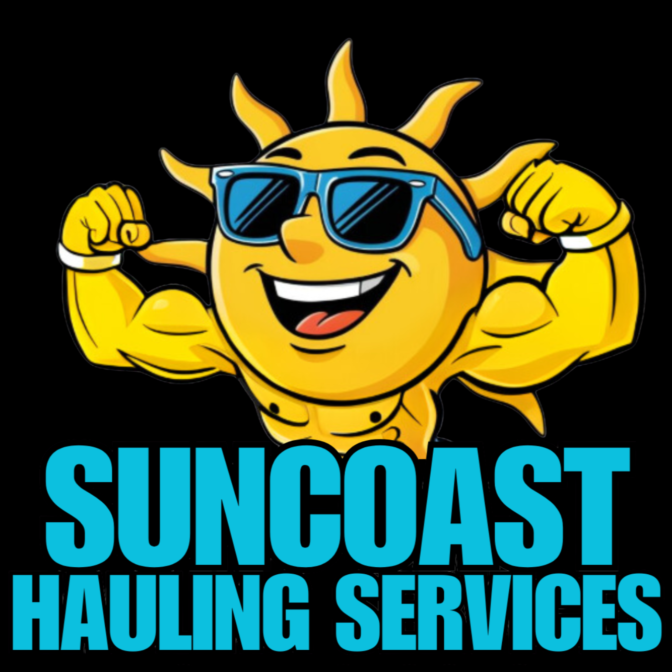 Sun mascot wearing sunglasses and flexing muscles, with text 'Suncoast Hauling Services' below.