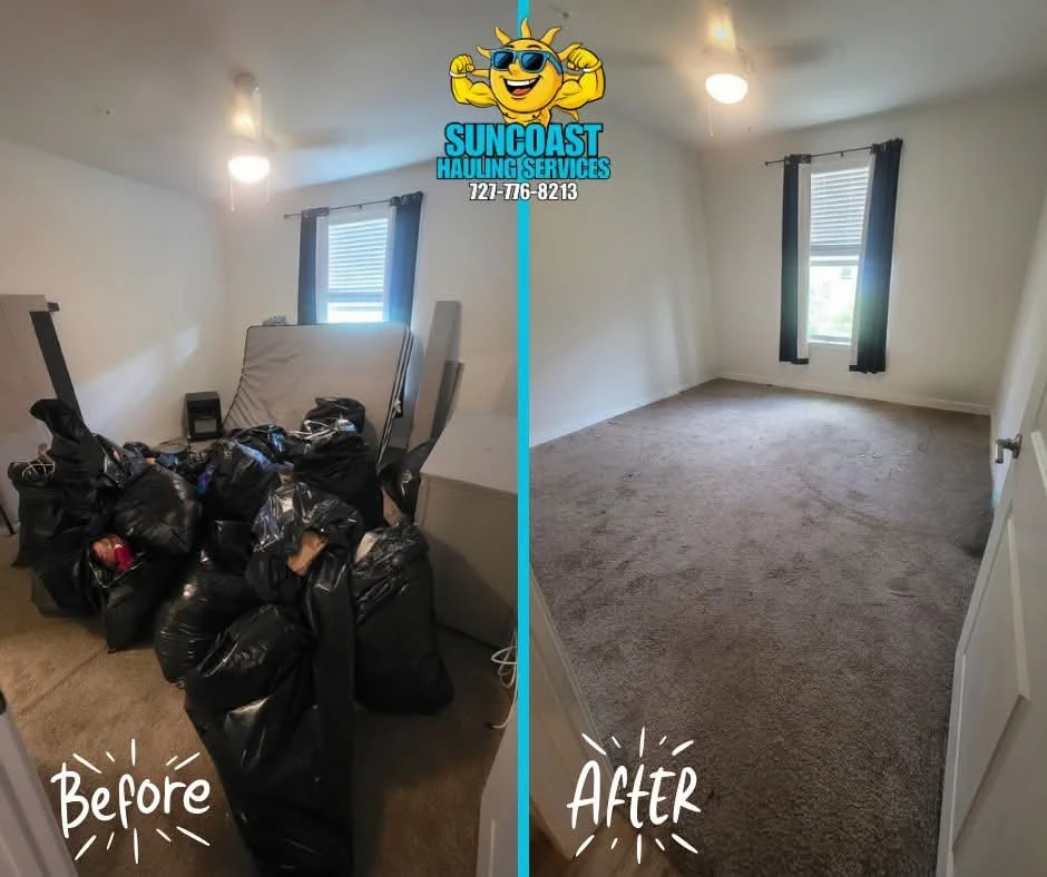 Before and after bedroom cleanout with furniture, trash bags, and unwanted items removed by Suncoast Hauling Services.