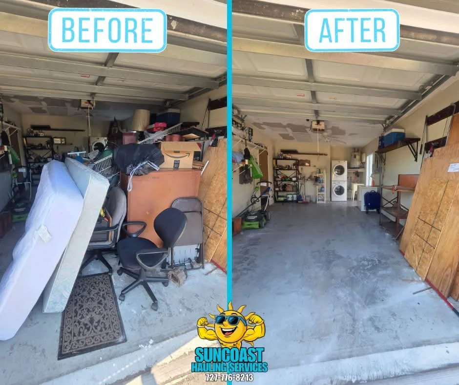 Before and after garage cleanout showing unwanted furniture, mattress, and junk removed, leaving a clean and organized garage.