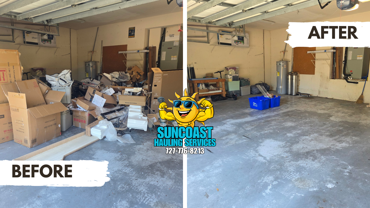 Garage cleanout completed in Palm Harbor, FL. Our team removed unwanted items and clutter, restoring a clean and functional space.