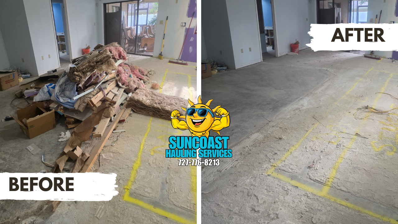 Construction debris cleanout completed in Pinellas County, FL. Our team safely removed and hauled away leftover materials, leaving the site clean, clear, and ready for the next phase.