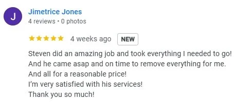 five star review mentioning reasonable pricing and good services for suncoast hauling in palm harbor florida