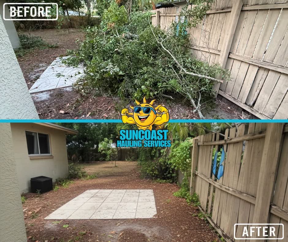 Before and after yard debris removal showing fallen tree branches and brush cleared from a residential backyard.