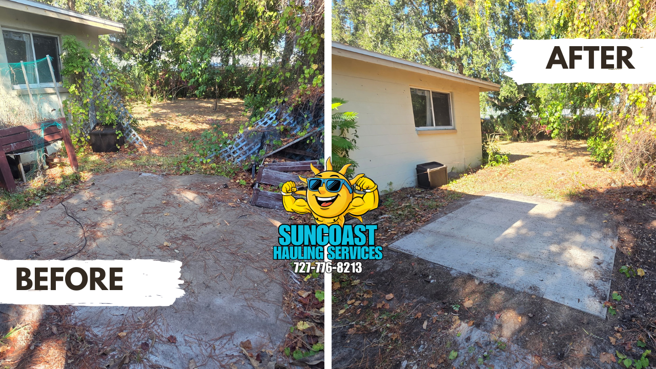 Backyard and patio cleanout completed in Seminole, FL. Our team cleared debris and unwanted items, restoring a clean, open outdoor space ready to enjoy.