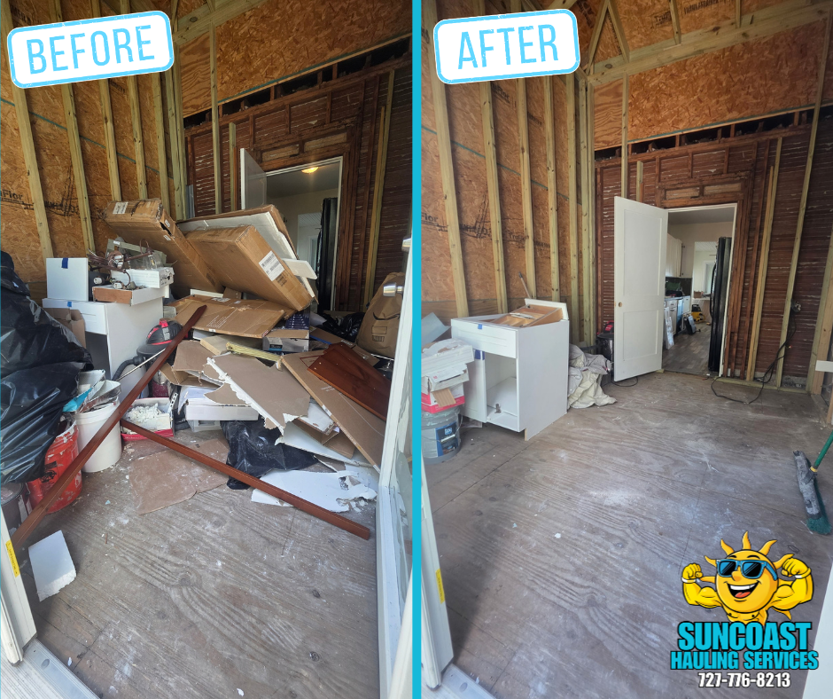 Clearwater Beach Construction Debris Removal

Suncoast Hauling Services completed a construction debris cleanout in Clearwater Beach, removing drywall, cardboard, cabinets, wood, packaging materials, and other renovation debris. The space was cleared