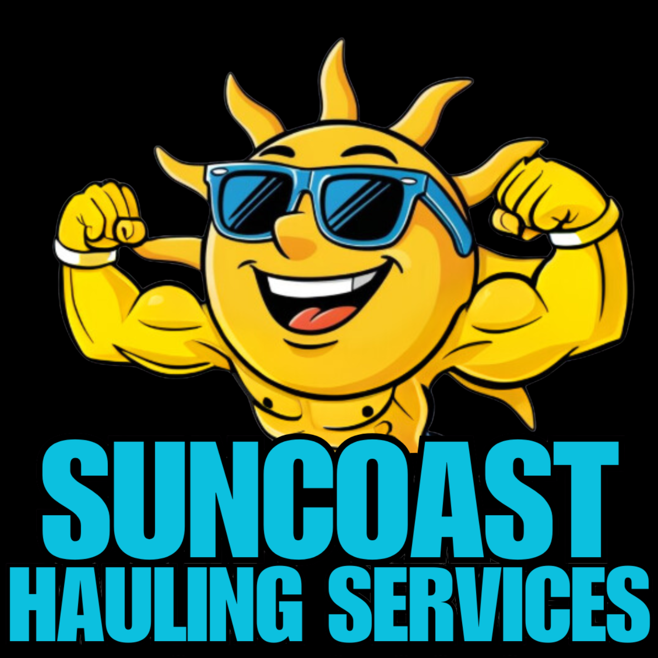 A cartoon sun character with sunglasses and flexing muscles, with the text 'Suncost Hauling Services' below.