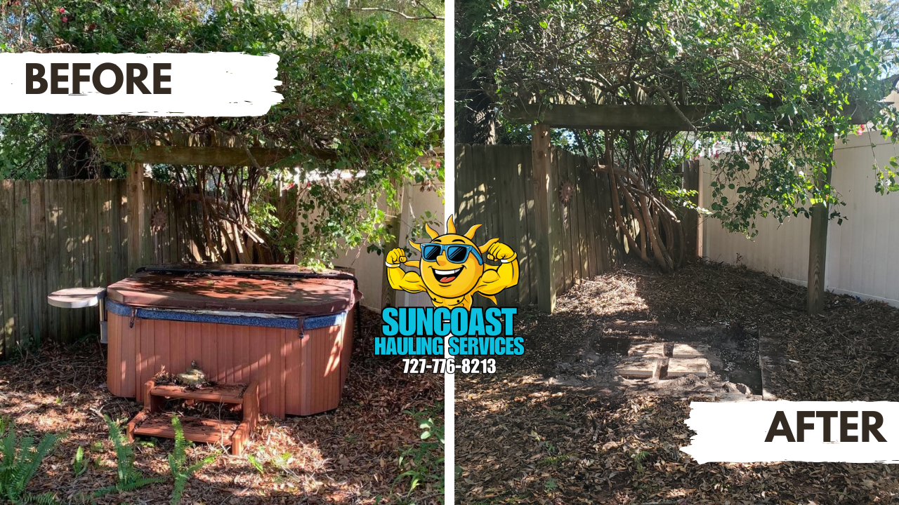 Hot tub removal completed in Palm Harbor, FL. Our team safely removed and hauled away the unit, leaving the area clean and ready for a new setup.