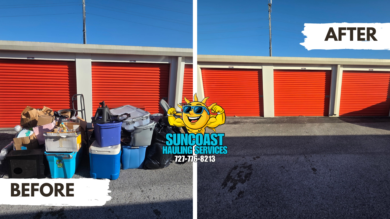 Storage unit cleanout completed in Tampa Bay, FL. Our team removed unwanted items and debris, leaving the unit clean, cleared out, and ready for its next use.