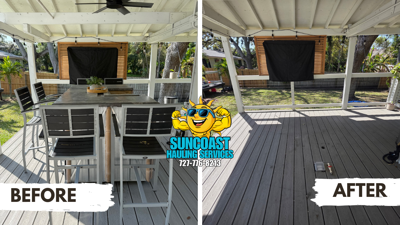 Patio cleanout completed in Dunedin, FL. Our team removed unwanted items, including a heavy concrete block countertop, leaving the space clean, open, and ready to enjoy.