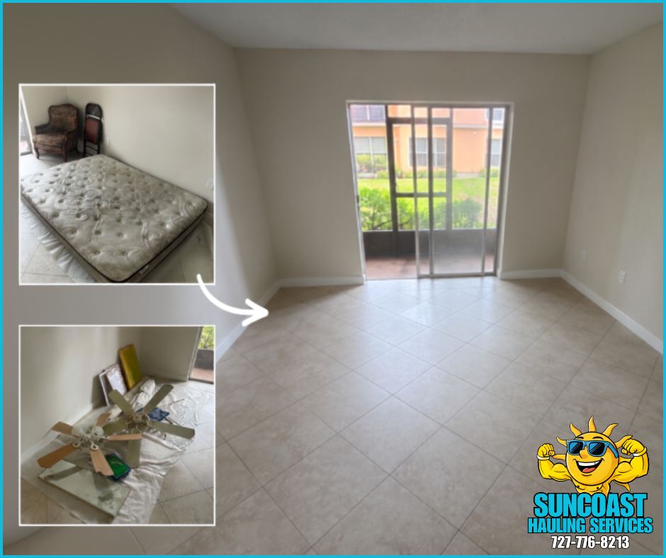 Residential junk removal in Palm Harbor, Florida by Suncoast Hauling Services. This job included removing an old mattress and unwanted household items, leaving the home clean and clutter-free. We provide professional junk removal, furniture removal, 