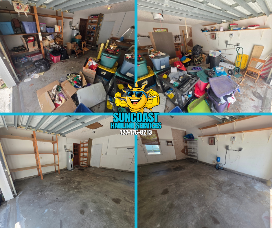 Garage cleanout in Seminole, Florida, showing a cluttered garage before junk removal and the cleared, usable space after Suncoast Hauling Services removed unwanted furniture, boxes, storage items, and household debris. Professional junk removal and g