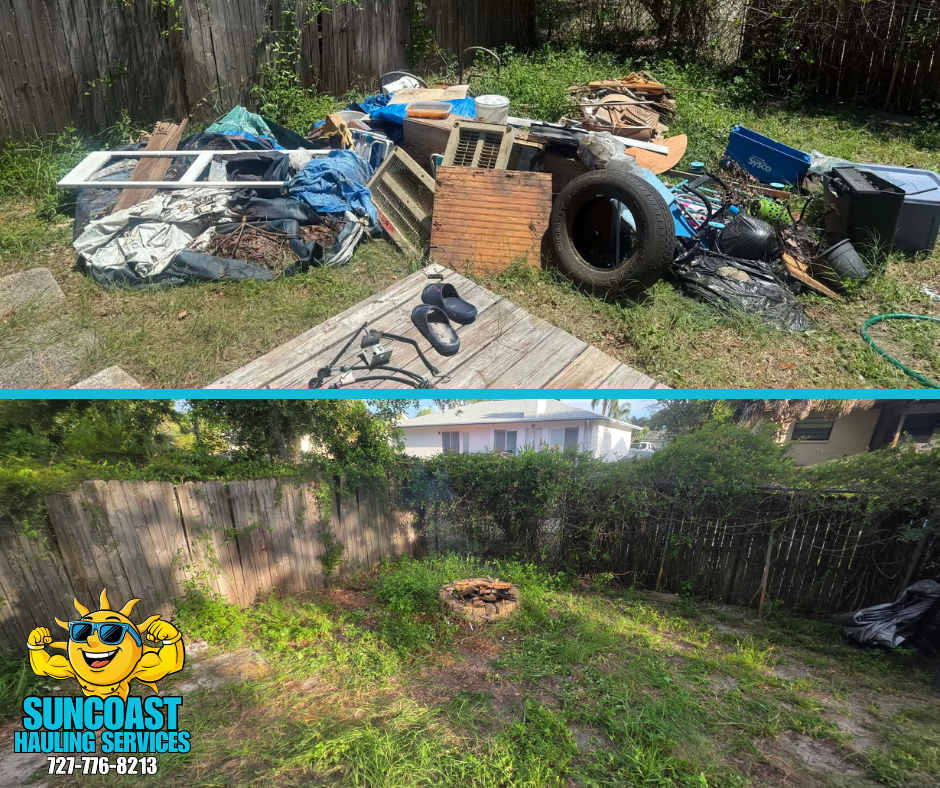 Palm Harbor yard debris removal and residential junk removal completed by Suncoast Hauling Services. This backyard cleanup included the removal and hauling of unwanted branches, brush, vegetation, fire pit debris, and other yard waste, leaving the pr