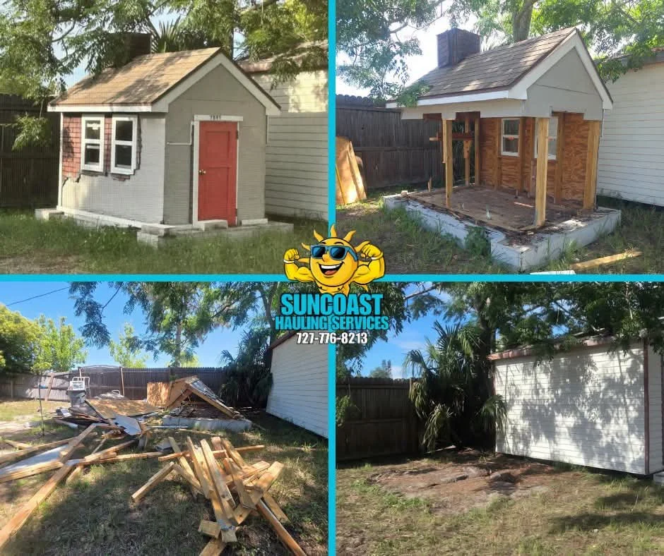 Before and after showing an old storage shed removed, leaving a clean backyard ready for new landscaping or projects.