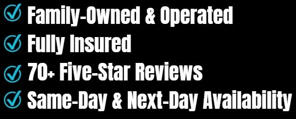 List of service features including family-owned and operated, fully insured, over 70 five-star reviews, and same-day and next-day availability, each with a checkmark icon.