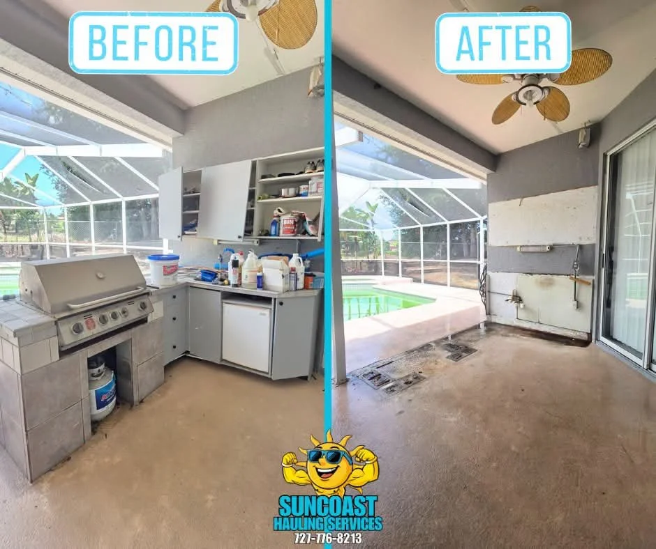 Outdoor kitchen demolition and junk removal by Suncoast Hauling Services. This before-and-after photo shows the removal of a built-in outdoor grill, cabinets, countertops, and related debris from a screened pool patio. Suncoast Hauling Services provi