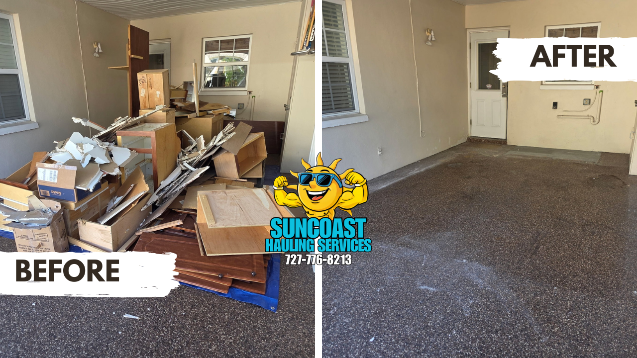 Garage cleanout completed after a kitchen demolition in Pinellas County, FL. Our team removed construction debris and materials, leaving the space clean, clear, and ready for use.
