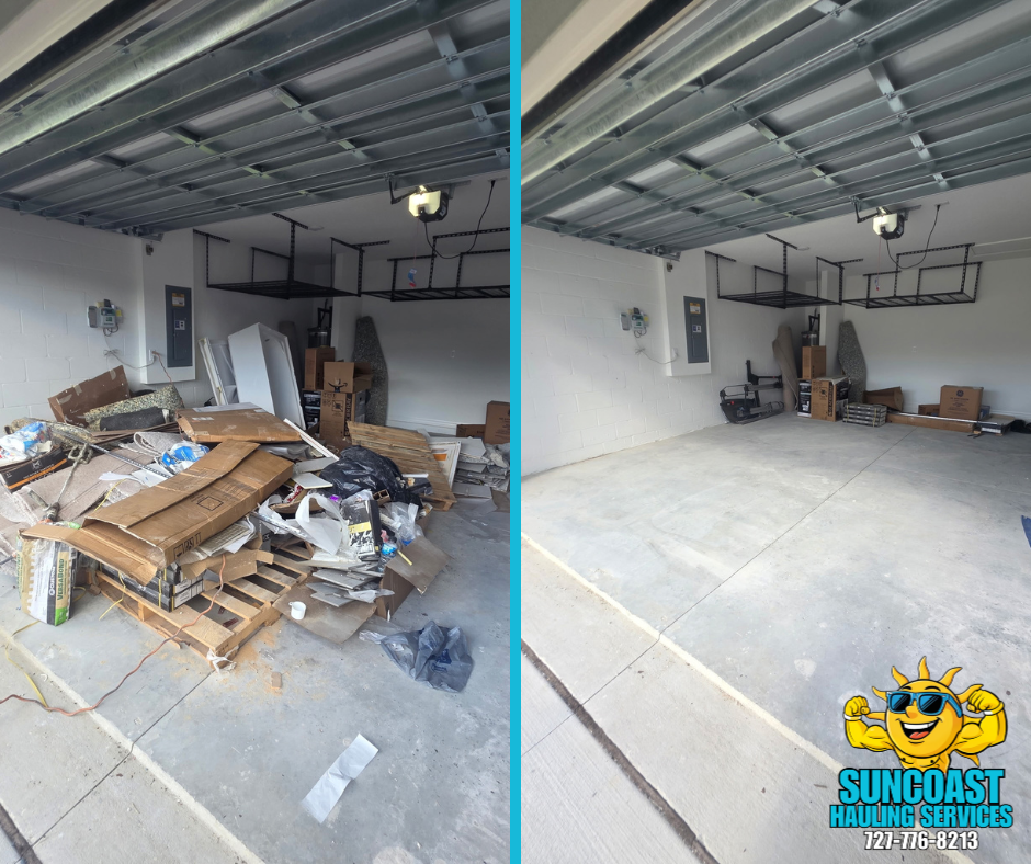 Palm Harbor Garage Cleanout & Construction Debris Removal

Suncoast Hauling Services completed a garage cleanout in Palm Harbor, removing construction debris, cardboard, flooring materials, pallets, and other unwanted items. The garage was cleared ou