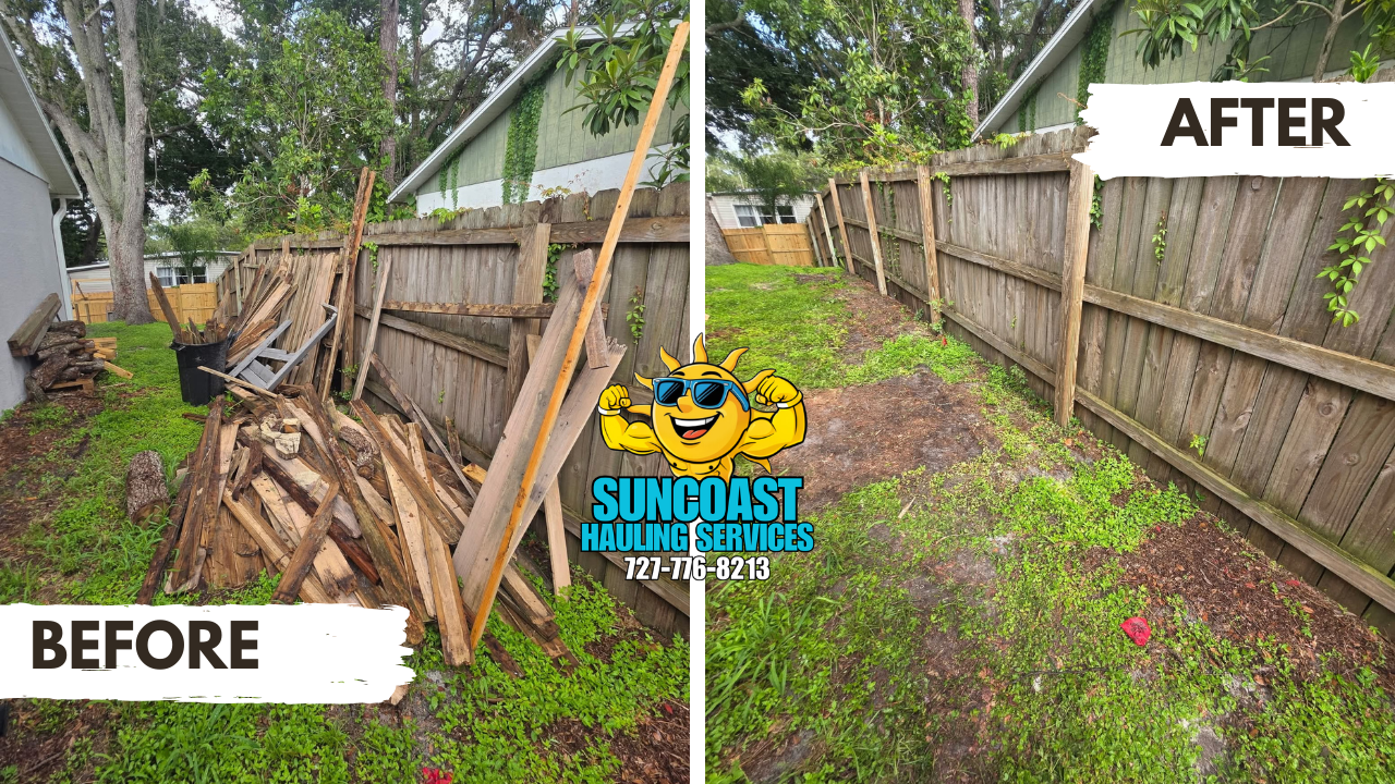 🪵 Fence & Wood Cleanup – Palm Harbor, FL
We cleared out old fence posts, broken wood, and debris from the property, removing all materials and leaving the space clean, open, and ready for new use.