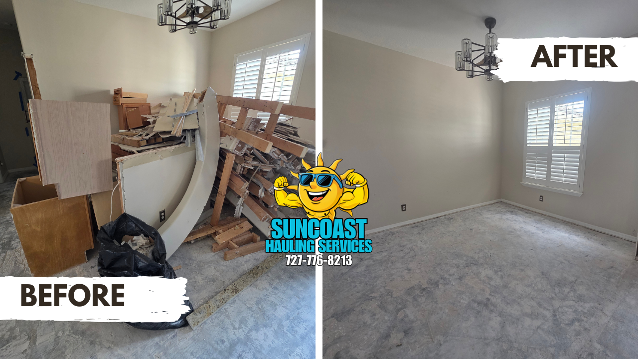Construction debris removal completed for a bathroom remodel in Tampa, FL. Our team cleared out materials and debris, leaving the space clean and ready for the next phase.