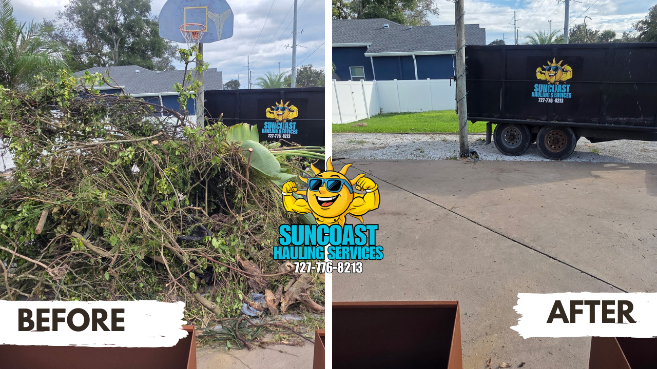 Yard debris removal completed in Pinellas County, FL. Our team cleared a large pile of tree branches and yard waste, restoring a clean and usable outdoor space.