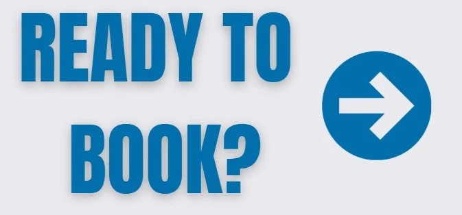 Text on a white background that reads 'READY TO BOOK?' with a right-facing arrow inside a blue circle.