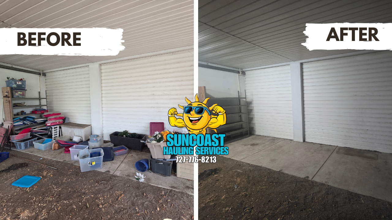 Carport cleanout completed in Tarpon Springs, FL. Our team removed unwanted items and debris, leaving the space clean, open, and ready for everyday use.