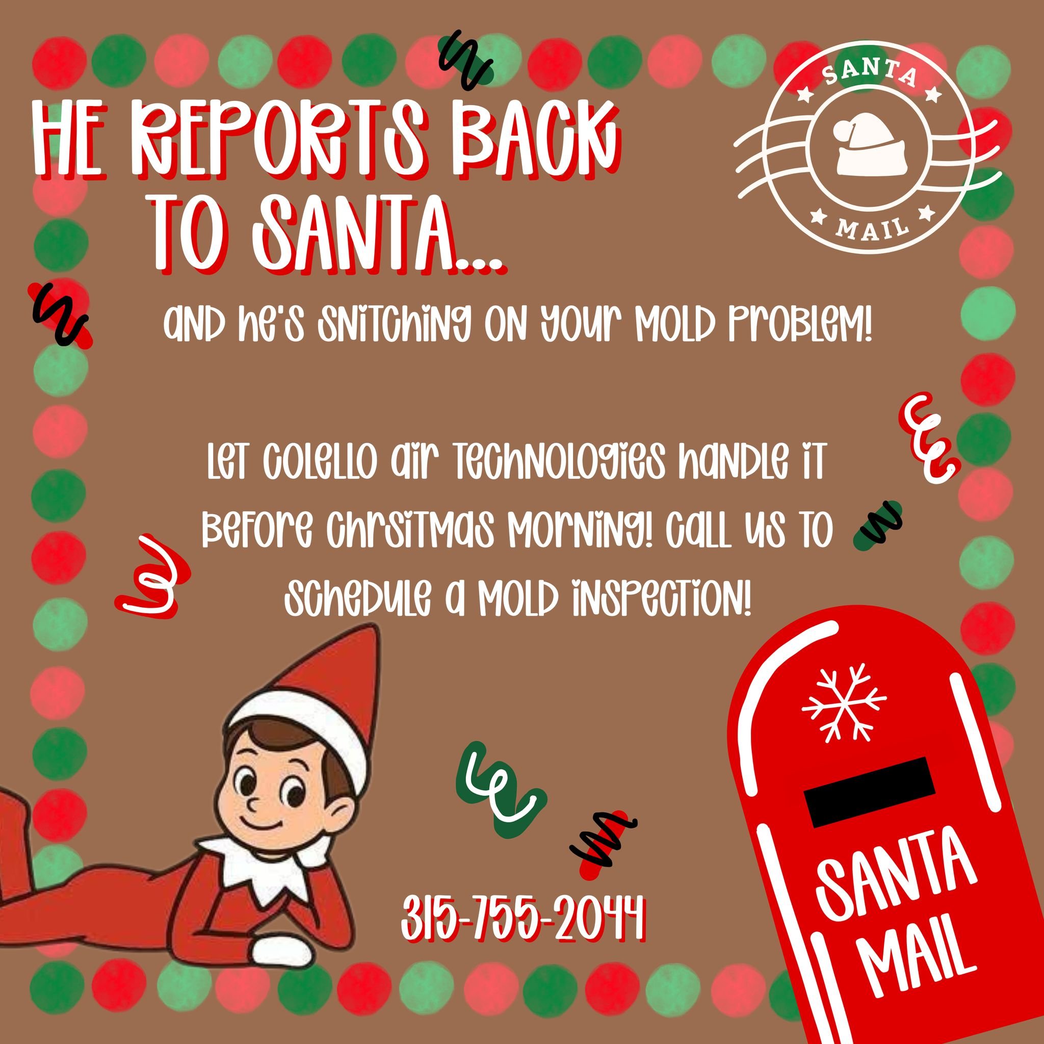 Don't let the elf catch you slipping up on the problems in your home or business! 
Call us to book your mold inspection 315-755-2044