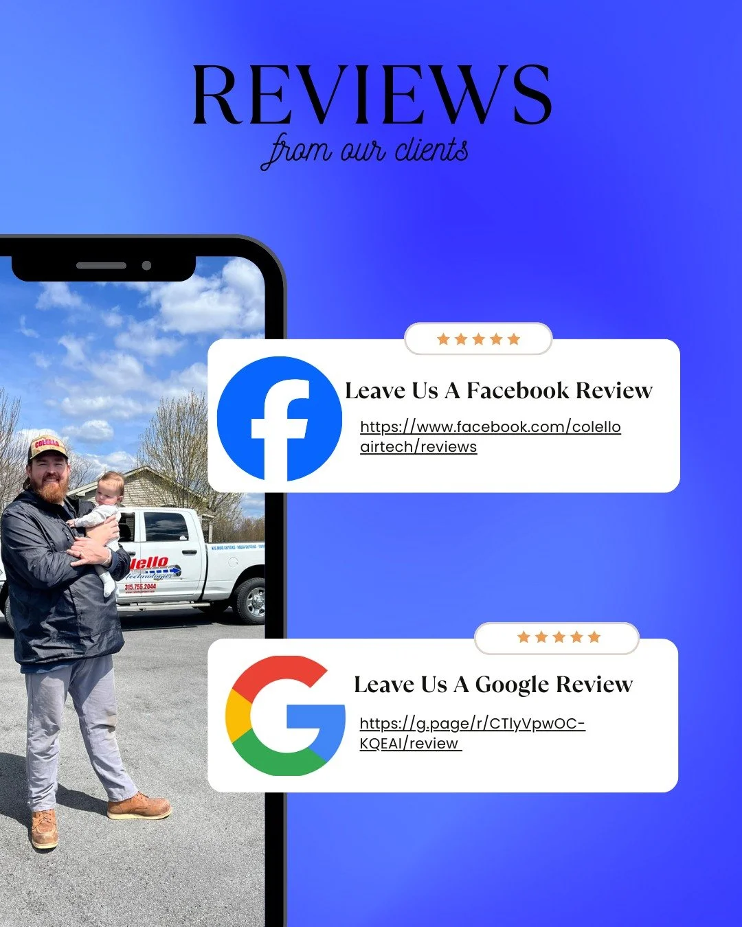 Your reviews mean a lot to us! We'd love for you to take a minute and leave us one if you can ⭐
The link to leave us a Facebook review is https://www.facebook.com/colelloairtech/reviews
The link to leave us a Google review is
https://g.page/r/CTlyVpw