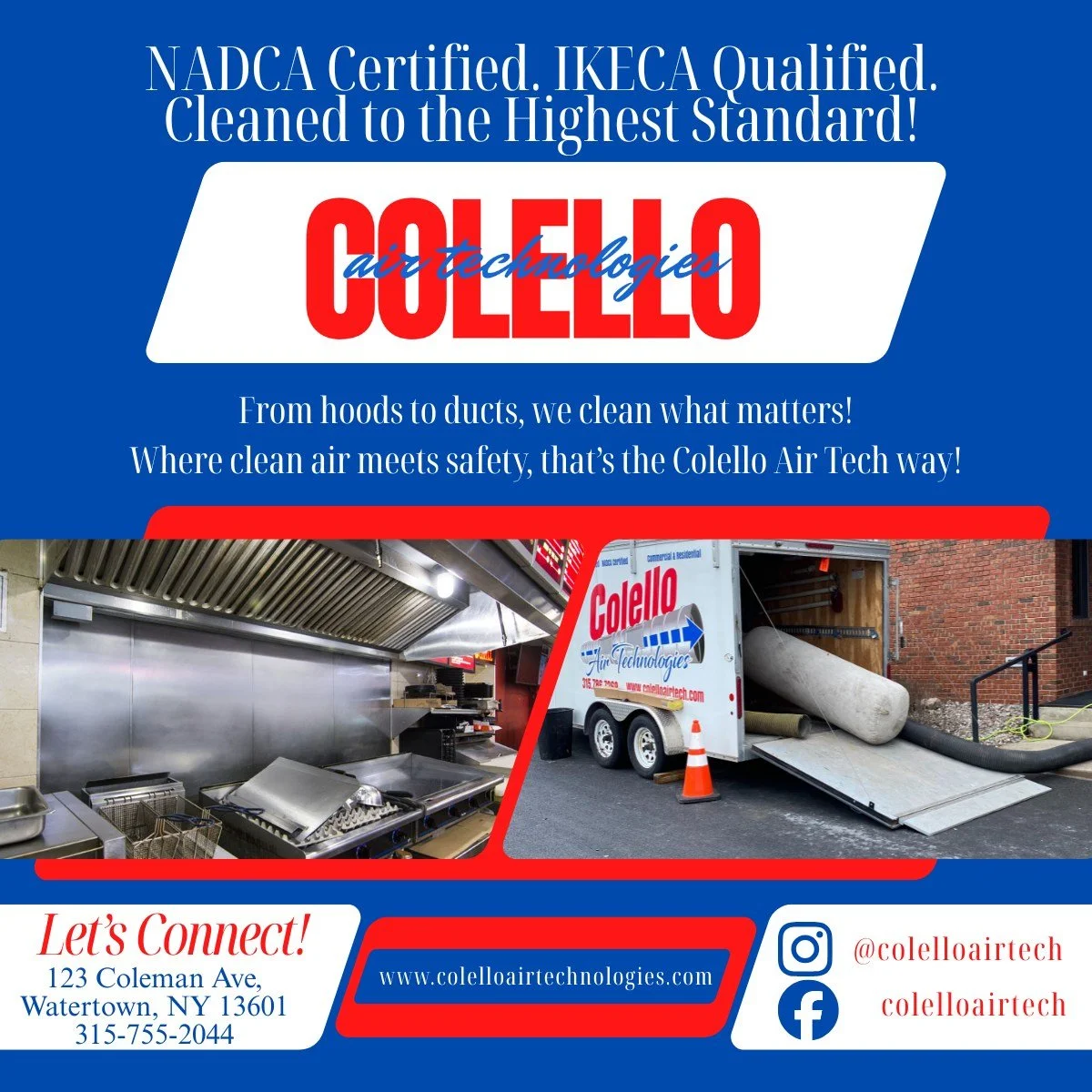 Cleaned to the highest standard because your business deserves nothing less.
NADCA Certified. IKECA Qualified. From commercial kitchen hoods to full duct systems, we make sure your air is safe, compliant, and running efficiently.
Get it done the Cole