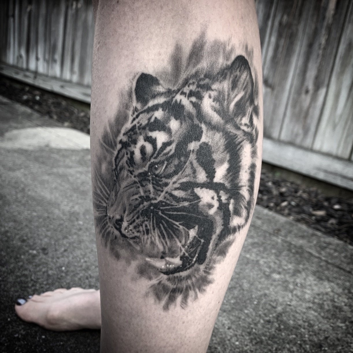 A black and gray tattoo of a tiger's face on a person's leg. Tattoo, tattoo artist, tattoos, realistic tattoo, portrait tattoo, artistic tattoo, experienced tattoo artist, Oregon, tattoo artist near me, nature tattoo, tattoo shop, tattoo shop near me