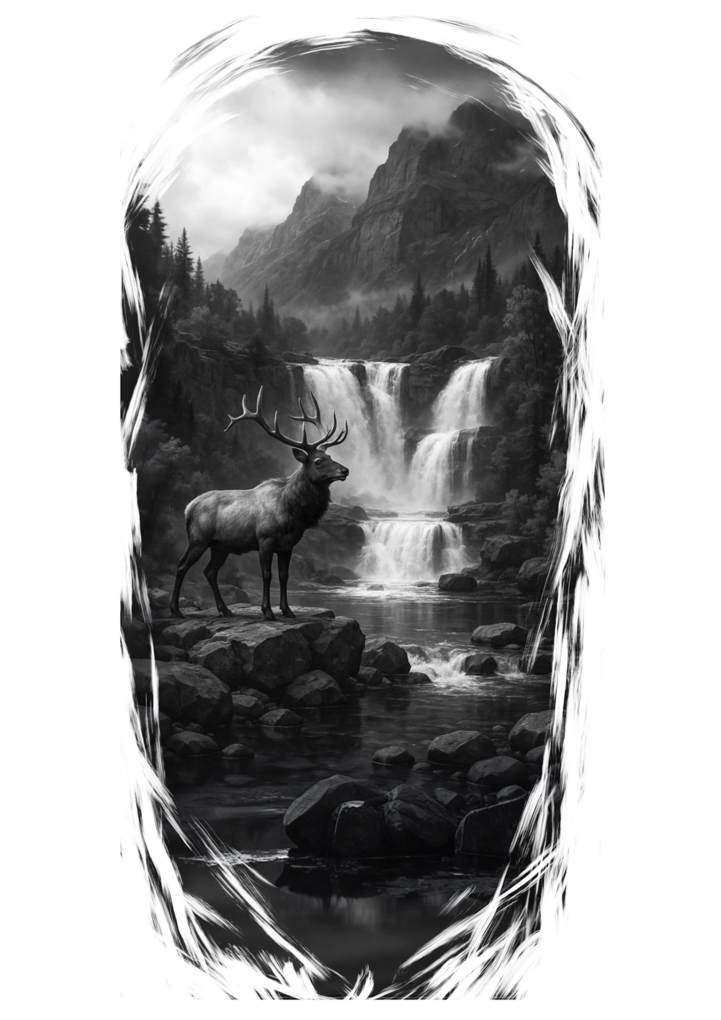 A black-and-white illustration of a mountain landscape with a waterfall, a river, trees, mountains, and a deer with antlers standing on rocks in the foreground. Tattoo reference, available design, tattoo