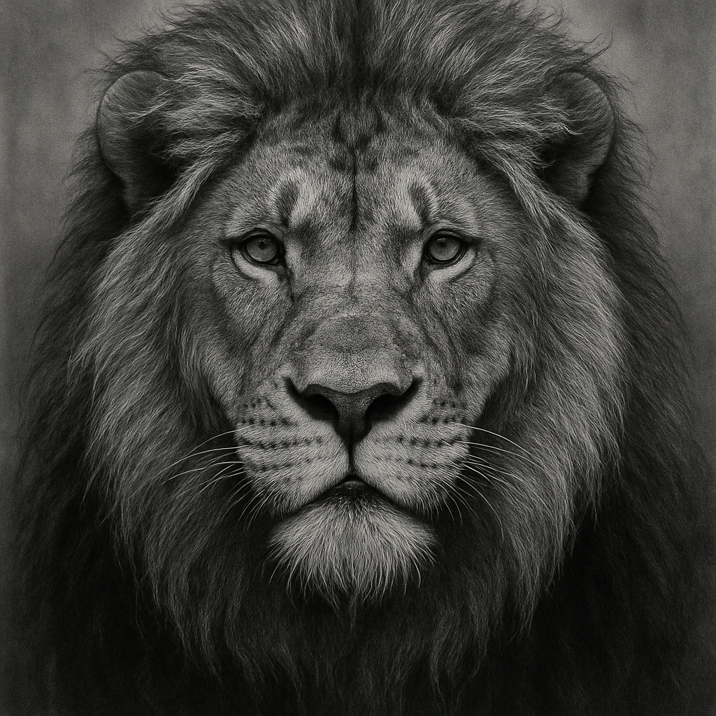 Black and white close-up of a lion's face with a mane, looking directly forward. Tattoo reference, available design, tattoo