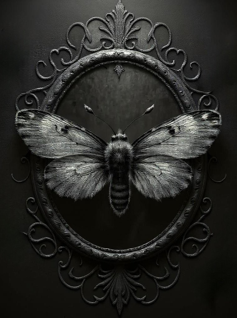 Black and white image of a butterfly with detailed wings inside an ornate oval frame against a dark background.
Guitar, musician, pedalboard, amps, music, performing, jamming, drummer, drums, this patch of sky, chiaroscuro