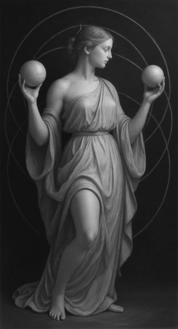 A black and white drawing of a woman with classical features and flowing gown, standing in a contrapposto pose, holding two spheres in her hands, with orbits around her head. Tattoo reference, available design, tattoo