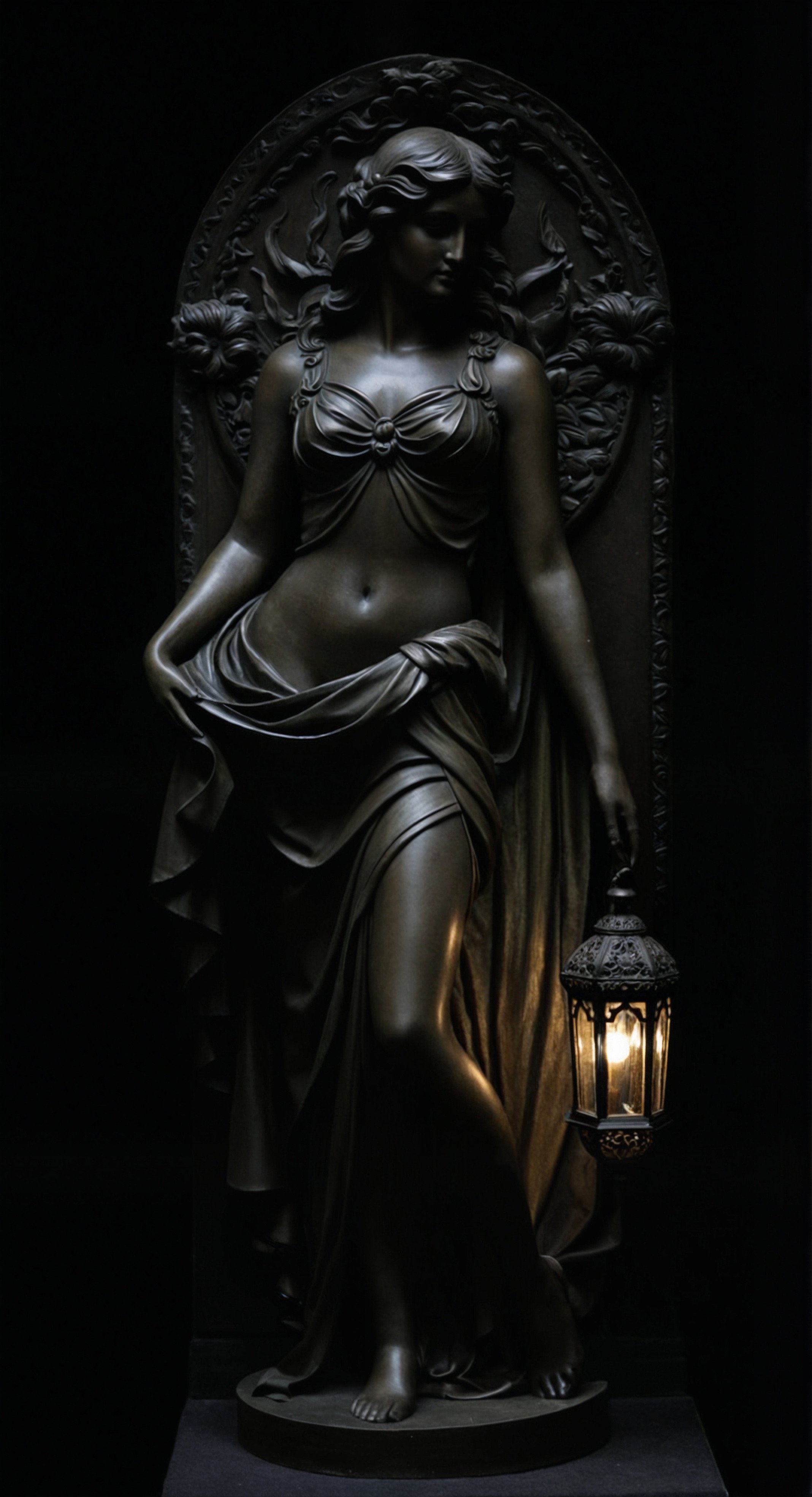 Dark bronze sculpture of a woman, standing in a classical pose, holding a lantern in her right hand, with intricate detailing on her flowing garments and hair, set against a black background. Tattoo reference, available design, tattoo