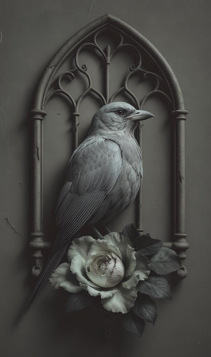 A gray bird sculpture resembling a sparrow, perched on a white flower with dark leaves, in front of an arched, decorative metal frame on a wall. Tattoo reference, available design, tattoo