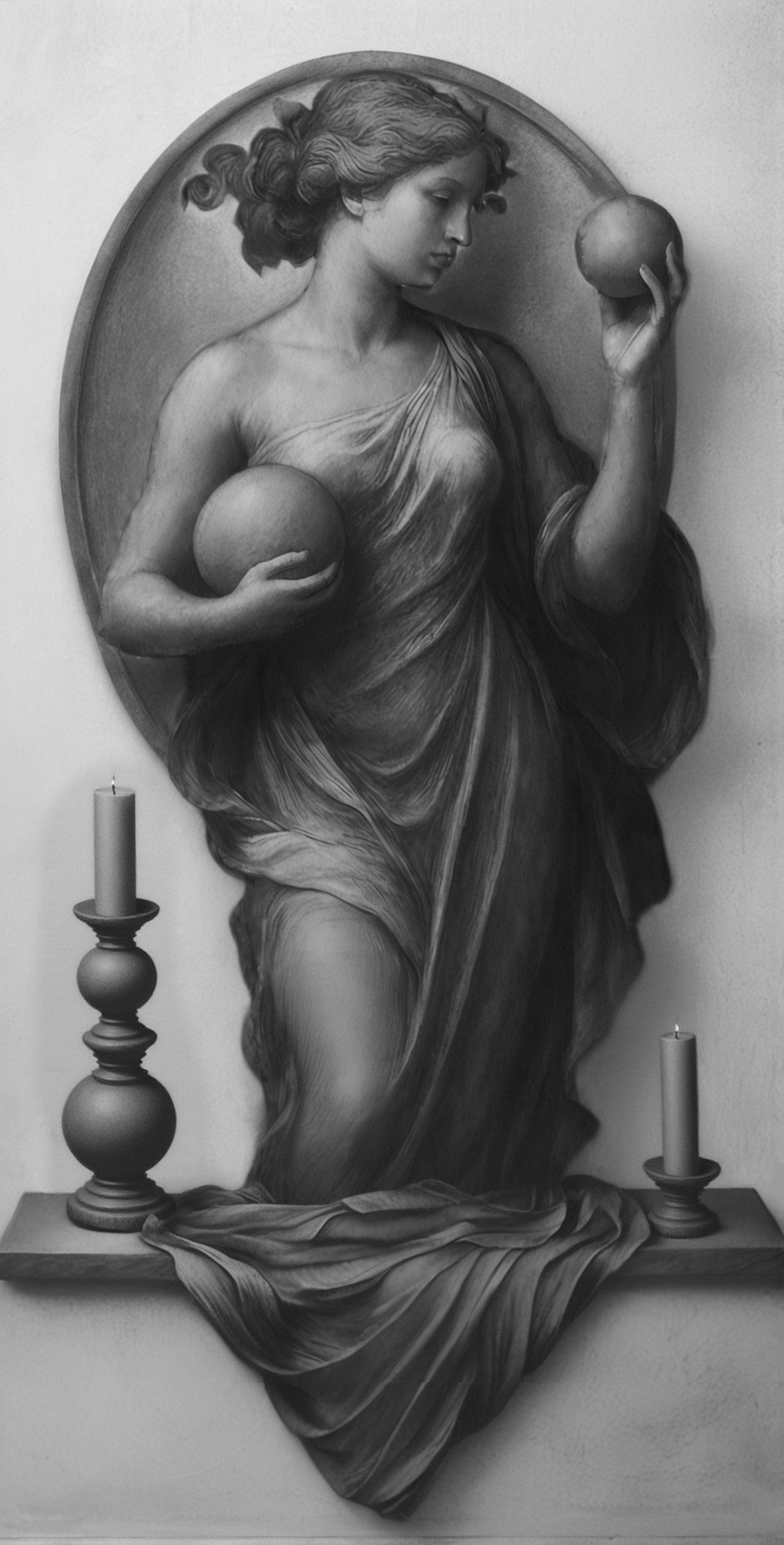 A grayscale sculpture of a woman holding two spheres, one in each hand, with a draped garment and candles on either side. Tattoo reference, available design, tattoo