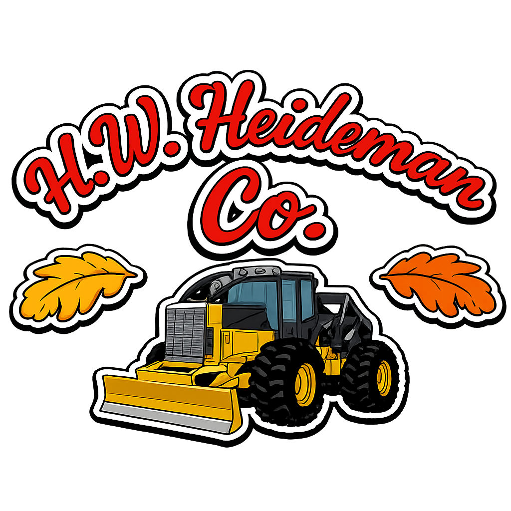 Sticker with the text 'H.W. Hedeman Co.', a yellow bulldozer with black and gray details, and two orange and yellow autumn leaves.