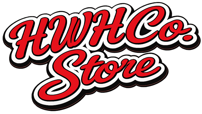 Logo of HWH Co. Store with red and white text outlined in black.