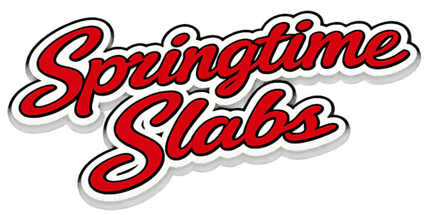 Logo for Springtime Slab with red and white cursive text outlined in black.