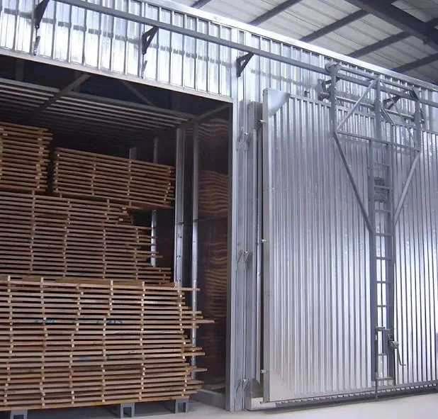 Stacked wooden pallets inside a shipping container with a partially open sliding door, set in a warehouse or storage facility.