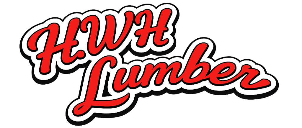Logo with the text 'HWH Lumber' in red and white lettering outlined in black on a light blue background.